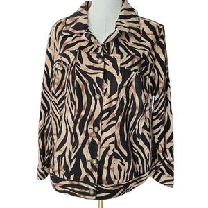JACK LAUREL Womens Top Size 1X Tan Zebra Print Collared Long Sleeve‎